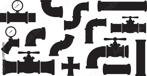 Collection of Black Silhouettes of Plumbing Pipes, Valves, and Gauges