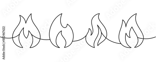Continuous line of four flames. Minimal fire border outline for hazard design, hot product packaging and decorative vector artwork