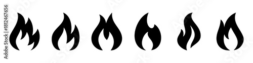 Set of 6 black flame icons isolated on white background. Vector fire silhouette variations for heat, energy, warning and safety design