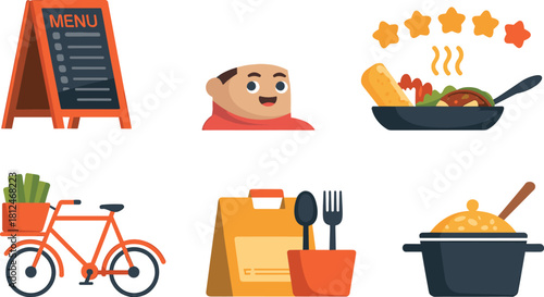 “Restaurant food delivery icons set with cooking, menu board, takeout items, chef character and kitchen tools in modern flat vector illustration”