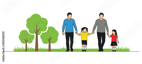 Two fathers and two daughters walking in a park family