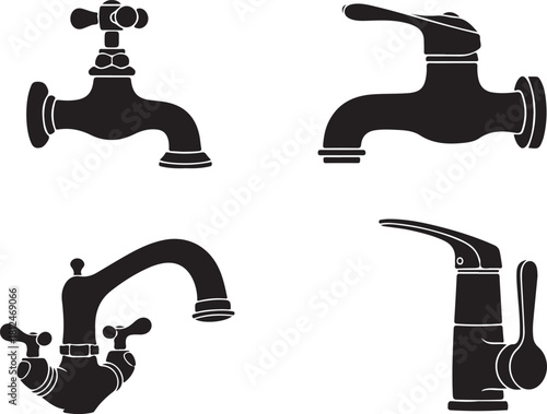 Collection of Four Black Silhouette Faucets on White Background