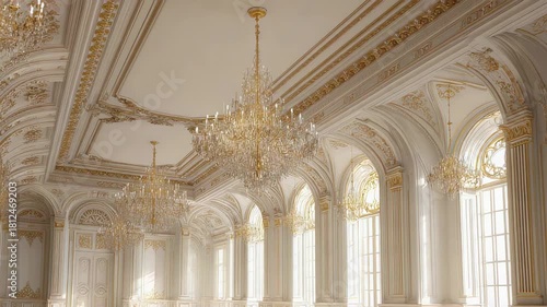 Elegant White Ballroom With Golden Ornate Details And Crystal Chandeliers Illuminated By Natural Sunlight Through Arched Windows Creating A Luxurious And Grand Atmosphere
