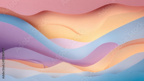 Abstract paper cut layered landscape in pastel colors, soft shadows between layers, dreamy curves, handcrafted look, friendly childlike softness
