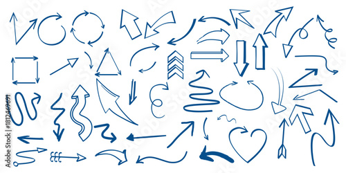 Collection of hand-drawn arrows and direction markers in doodle sketch style. Includes curved arrows, circular arrows, zigzag arrows, pointers, navigation signs, and decorative line elements.