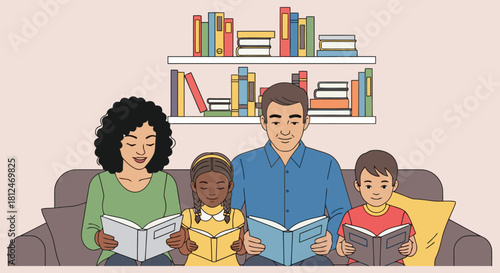 Family reading books together on a couch living room