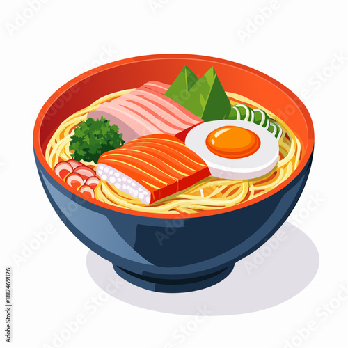 Delicious japan ramen and vegetable dish served with fresh green salad and tomato for a healthy dinner meal