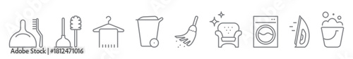 Cleaning tools line icon set. Mop, spray, iron, furniture cleaning, bucket, broom, washing machine symbols for hygiene, housekeeping, and home care design, garbage container. Editable stroke.