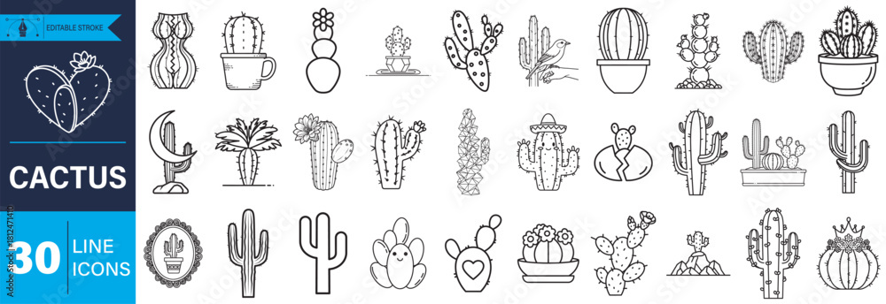 Naklejka premium A comprehensive vector set featuring 30 diverse cactus line icons, perfect for web design, apps, print, and various digital projects. Includes potted, flowering, and desert plant illustrations.