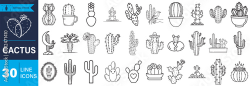 A comprehensive vector set featuring 30 diverse cactus line icons, perfect for web design, apps, print, and various digital projects. Includes potted, flowering, and desert plant illustrations.