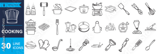 A comprehensive set of minimalist line icons representing essential kitchen tools and cooking equipment for food preparation and culinary activities. Perfect for design projects.