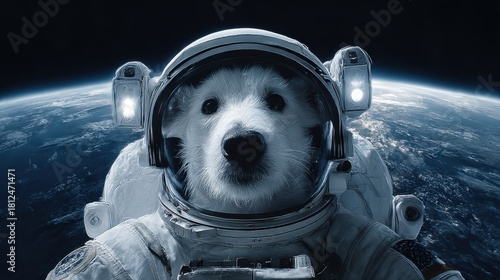 Dog wearing an astronaut helmet, exploring space with awe. Creative animal adventure concept for pet scientific imagination. Cosmonaut white cute doggy.
