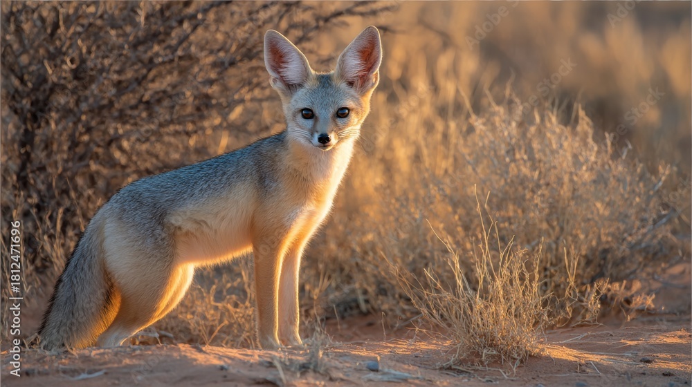 Obraz premium Cape fox looking to camera during sunset in its natural habitat. Wildlife portrait of a desert animal with large ears for nature conservation.