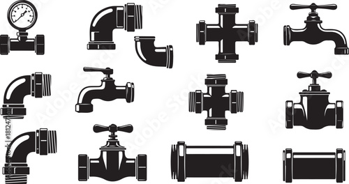 Collection of Plumbing Fixtures and Pipe Fittings: Taps, Elbows, Tees, and Gauges