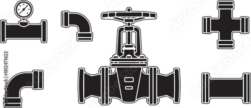 Collection of Industrial Pipe Fittings and Valves with Pressure Gauge
