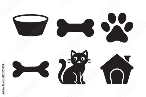 Simple black icons representing pets and pet supplies