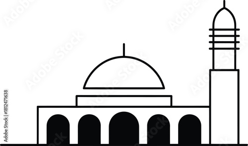 Simple outline illustration of a mosque with dome and minaret