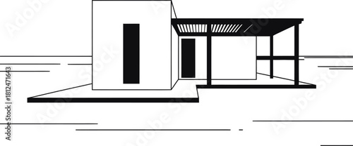 Modern architectural sketch of a minimalist building with a covered patio
