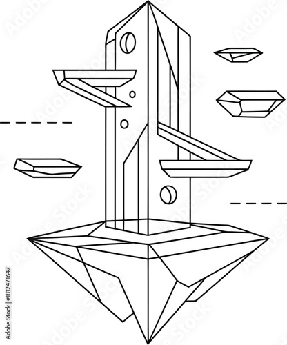 Stylized line art of a floating crystalline structure with platforms