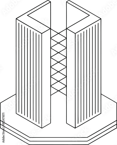 Geometric abstract structure with vertical lines and a crosshatch pattern