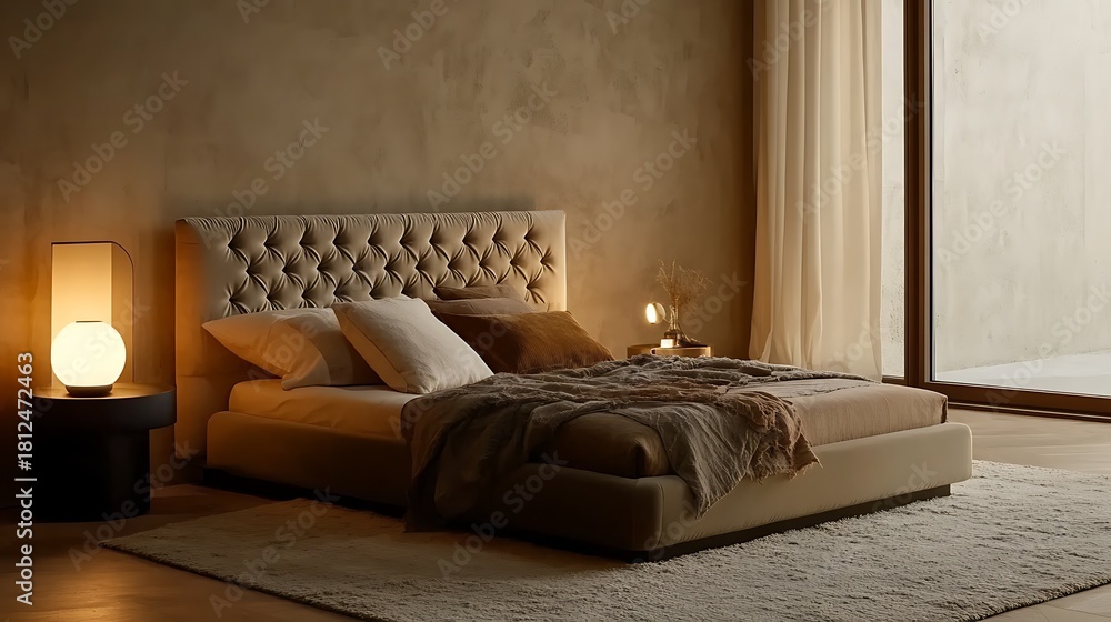 Fototapeta premium Bed with a white pillow and a brown blanket