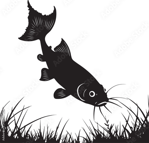 Black silhouette of a catfish swimming near grass black and white