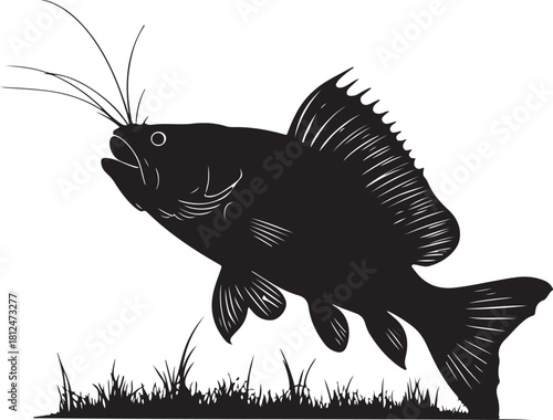 Black silhouette of a fish jumping from grass black and white