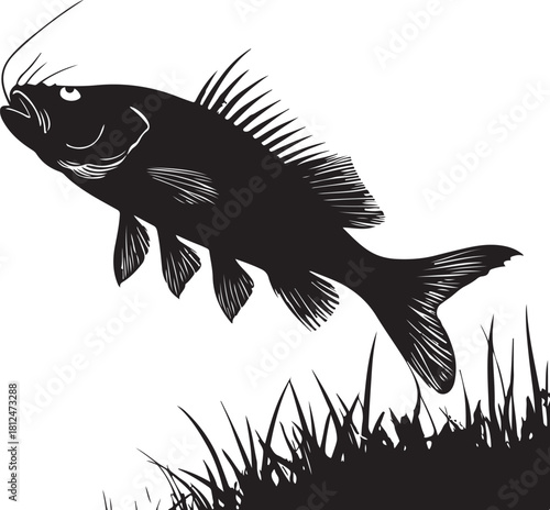 Black silhouette of a fish jumping from grass black and white