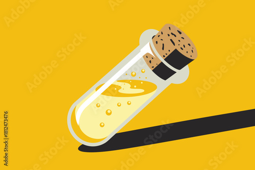Bright Science Experiment in Yellow: Test Tube with Orange Liquid on Vibrant Background
