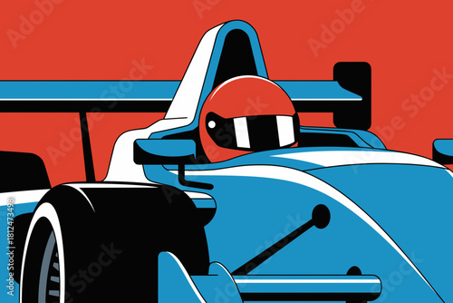 Dynamic Illustration of a Racecar with Bold Blue and Red Contrast Capturing Speed and Energy