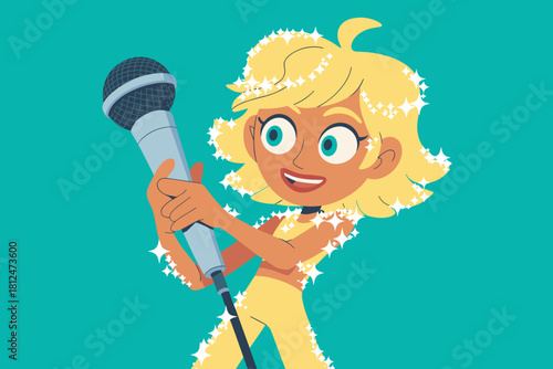 Joyful Cartoon Girl Singing with Microphone on Bright Turquoise Background