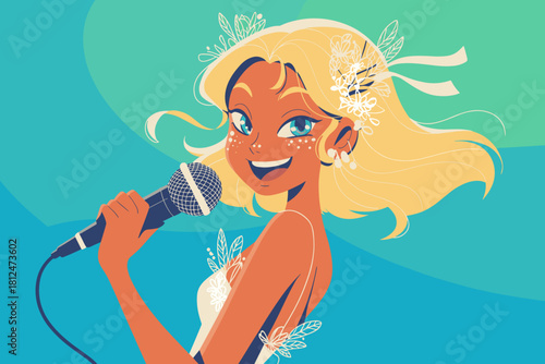 Joyful Cartoon Girl Singing with Microphone on Bright Turquoise Background