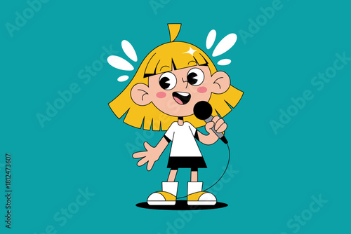 Joyful Cartoon Girl Singing with Microphone on Bright Turquoise Background