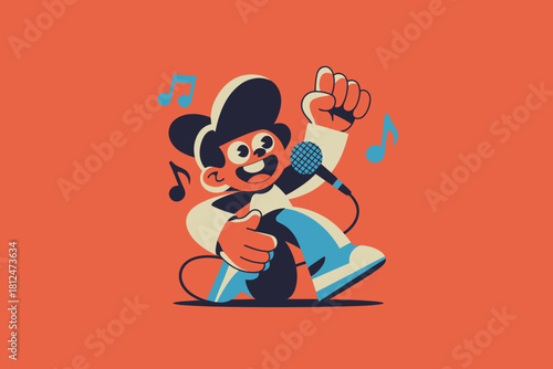 Energetic Cartoon Character Singing with Microphone Against Vibrant Orange Background