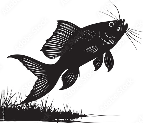 Black silhouette of a fish leaping from water with grass