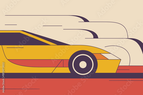 Dynamic Retro-Inspired Sports Car in Motion with Bold Geometric Background