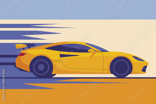 Dynamic Retro-Inspired Sports Car in Motion with Bold Geometric Background