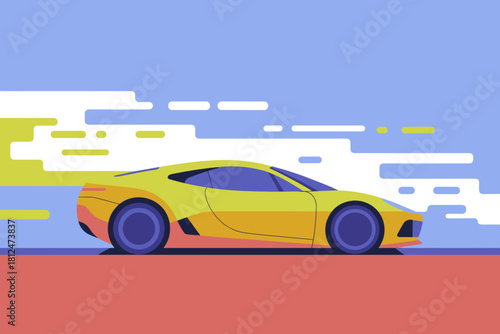 Dynamic Retro-Inspired Sports Car in Motion with Bold Geometric Background