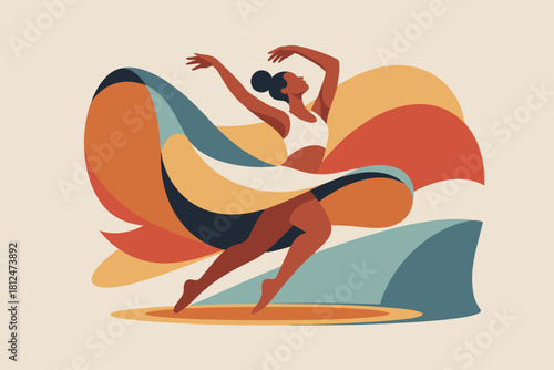 Dynamic Contemporary Dancer Expressing Joy with Flowing Fabrics in Vibrant Warm Tones