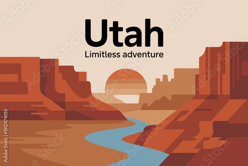 Stylized Graphic Poster of Utah's Majestic Landscape with River and Sunset in Warm Tones