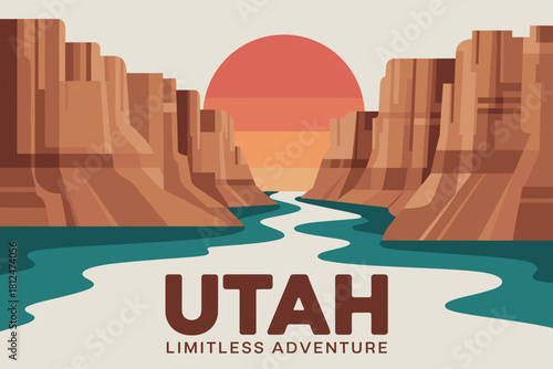 Stylized Graphic Poster of Utah's Majestic Landscape with River and Sunset in Warm Tones