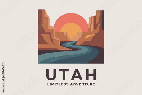 Stylized Graphic Poster of Utah's Majestic Landscape with River and Sunset in Warm Tones