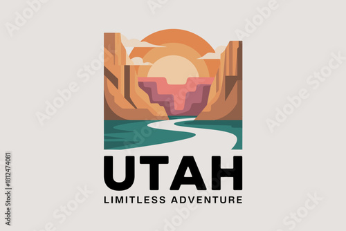 Stylized Graphic Poster of Utah's Majestic Landscape with River and Sunset in Warm Tones