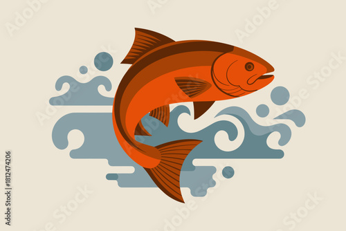 Stylized Illustration of Colorful Salmon Fish Swimming in a Tranquil Aquatic Scene