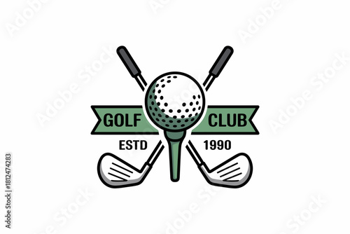 Vintage-Inspired Golf Club Logo Featuring Iconic Golf Ball and Clubs Against a Minimalist Background