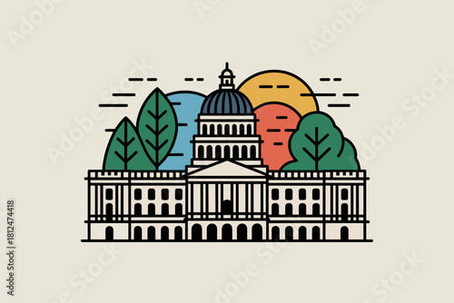 Stylized Illustration of a Historic Government Building Surrounded by Nature in Bold Colors
