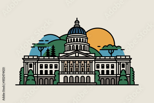 Stylized Illustration of a Historic Government Building Surrounded by Nature in Bold Colors