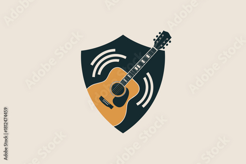 Stylized Acoustic Guitar Emblem Featuring Dynamic Sound Waves and a Modern Aesthetic