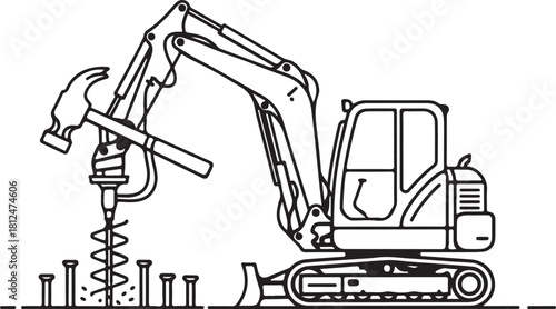 Excavator with Hammer Drill and Screws: Construction and Industrial Icon