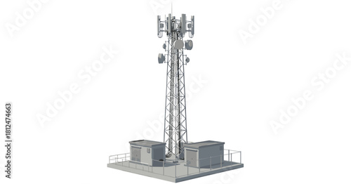 Communication tower with equipment on a white background  